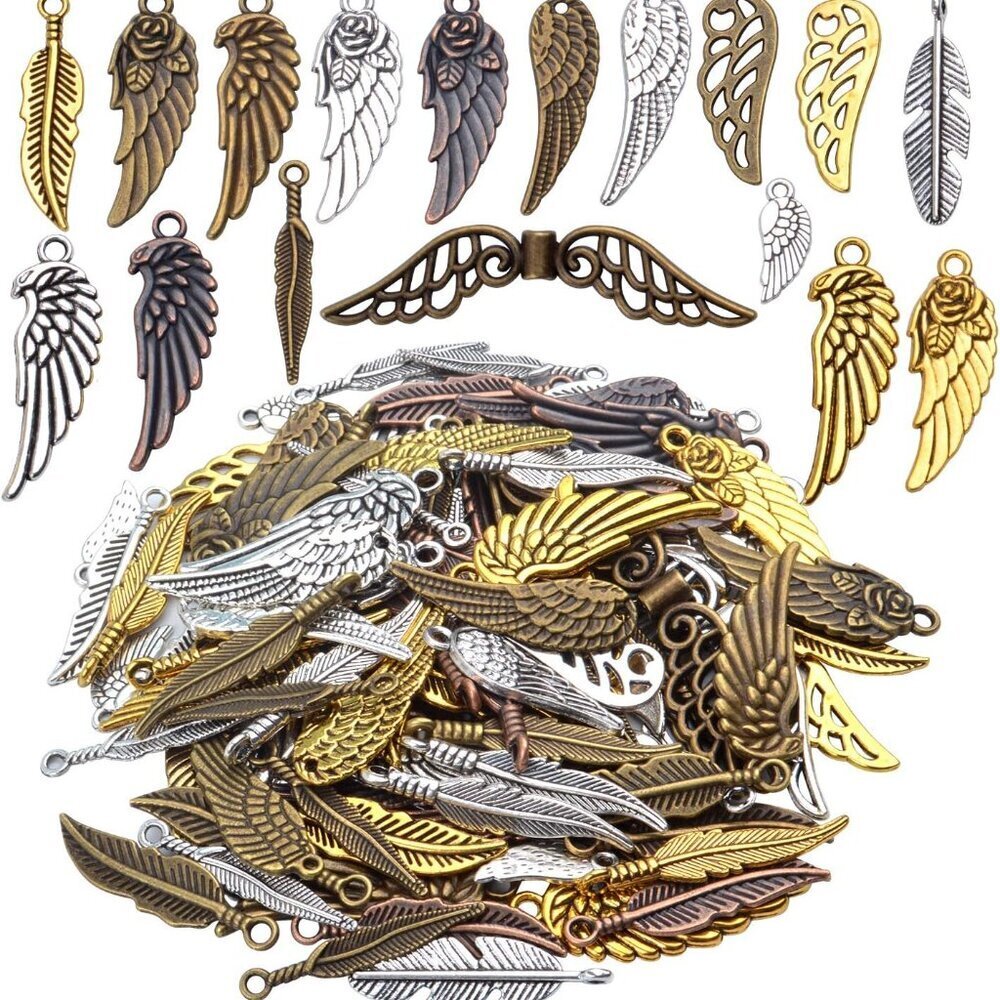 100 Pieces Mixed Colors alloy Angel Feather Wings Charms Pendants Jewelry Findin